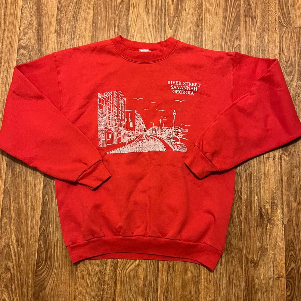 Vintage River Street Savannah‎ Georgia Sweatshirt Men XL Red Graphic Crewneck